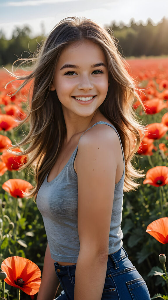 a (((cute little teen girl))) with a gleeful and sunny smile, wearing a sleek and form-fitting short grey cropped tank top that accentuates her flawlessly proportionate figure, paired with jeans, captured in a (((photo shoot))), with long, shiny hair flowing around her face under (((dramatic lighting))) ((in a poppy field))