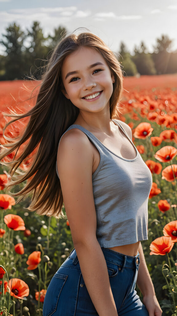 a (((cute little teen girl))) with a gleeful and sunny smile, wearing a sleek and form-fitting short grey cropped tank top that accentuates her flawlessly proportionate figure, paired with jeans, captured in a (((photo shoot))), with long, shiny hair flowing around her face under (((dramatic lighting))) ((in a poppy field))