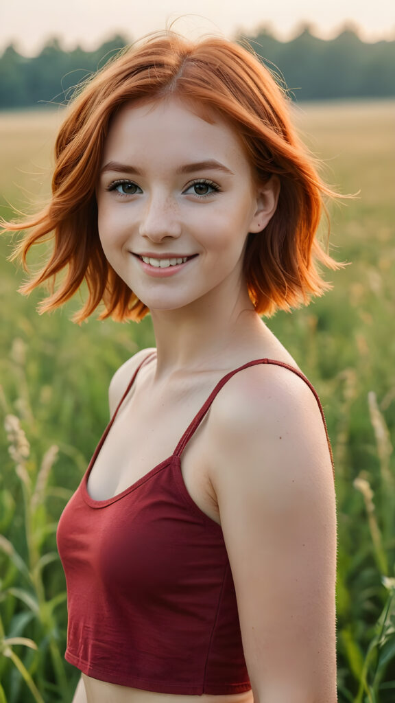 a (((cute little red-haired teen girl))), shoulder-length hair, bob cut, smile very happy, stands confidently in a field, she wears a thin tank top, perfect body ((perfect portrait))