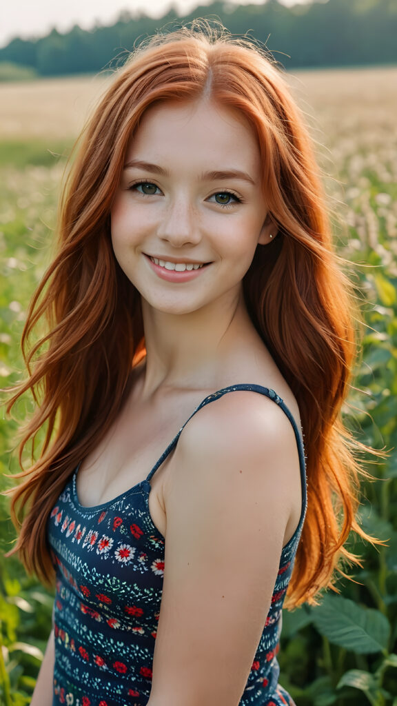 a (((cute little red-haired teen girl))), straight long hair, smile very happy, stands confidently in a field, she wears a thin tank top, perfect body ((perfect portrait))