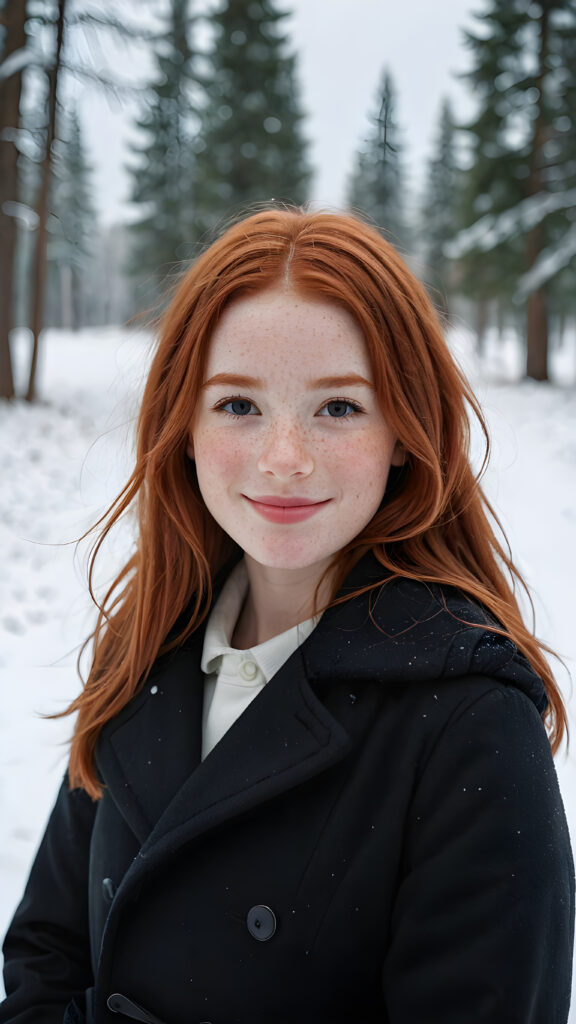 a cute little red-haired girl with freckles. Shoulder-length, straight hair. She is wearing a thick black coat and is standing in a white, snowy landscape. She is very happy and smiling. She has a chubby face. Perfect shot. Beautiful. Enchanting.