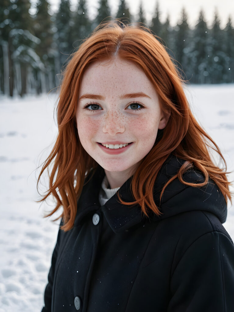 a cute little red-haired girl with freckles. Shoulder-length, straight hair. She is wearing a thick black coat and is standing in a white, snowy landscape. She is very happy and smiling. She has a chubby face. Perfect shot. Beautiful. Enchanting.