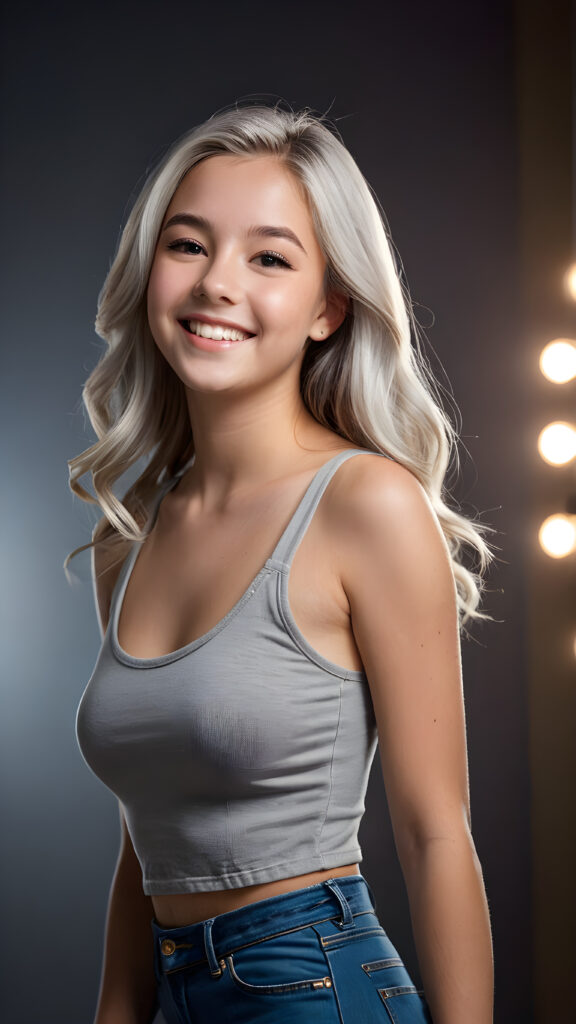 a (((cute teen girl))) with a gleeful and sunny smile, wearing a sleek and form-fitting short grey cropped tank top that accentuates her flawlessly proportionate figure, paired with jeans, captured in a (((photo shoot))) against a (((softly cinematic backdrop))), with long, shiny white hair flowing around her face under (((dramatic lighting)))