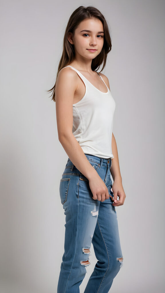 a (((cute teen babe))) aged 16, sleek ((thin tank top made of silk)) paired with short, ((distressed denim jeans)), posed perfectly against a pristine ((white backdrop))