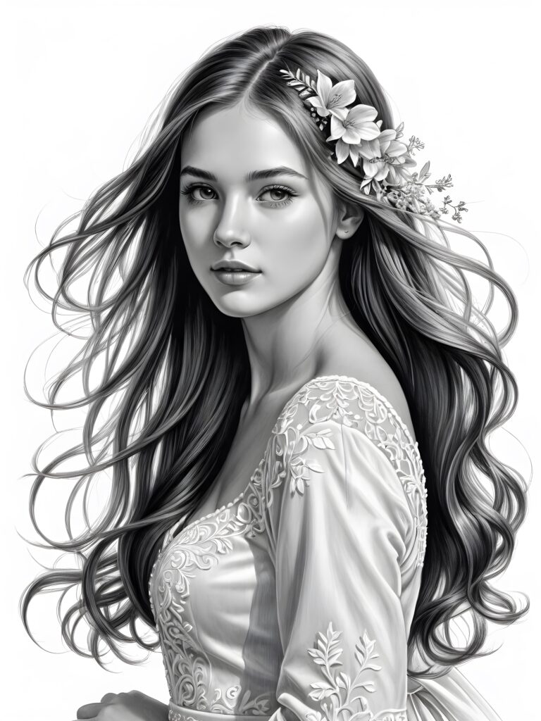 a cute teen bride, long straight hair blowing in the wind, perfect shadows and contrasts support the image, perfect portrait, white background ((detailed pencil drawing))