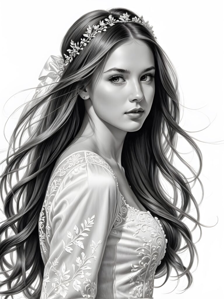 a cute teen bride, long straight hair blowing in the wind, perfect shadows and contrasts support the image, perfect portrait, white background ((detailed pencil drawing))