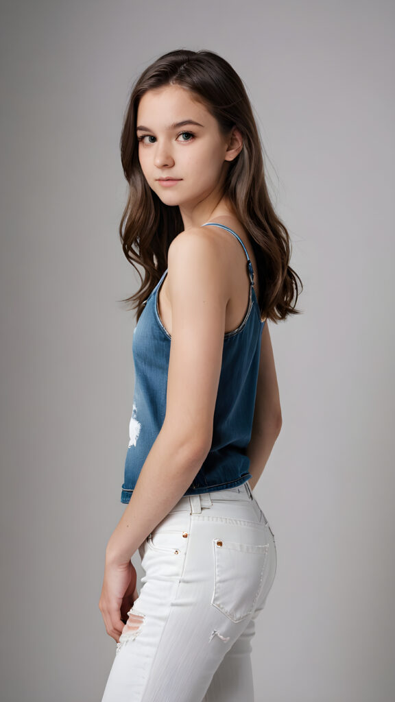 a (((cute teen babe))) aged 16, sleek ((thin tank top made of silk)) paired with short, ((distressed denim jeans)), posed perfectly against a pristine ((white backdrop))