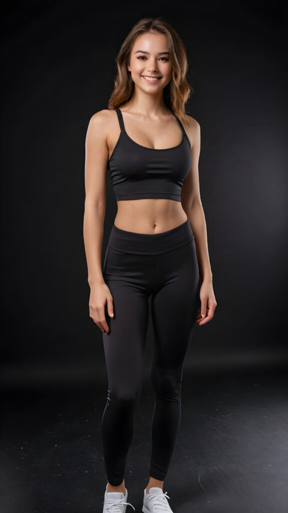 a cute teen girl, perfect realistic curved body, ((babe)), ((gorgeous)), ((stunning)), ((slender)), ((fit body)), (((low-cut) fitness crop top)), ((legging pants)), smile very happy, ((perfect photo)) ((empty dark background))