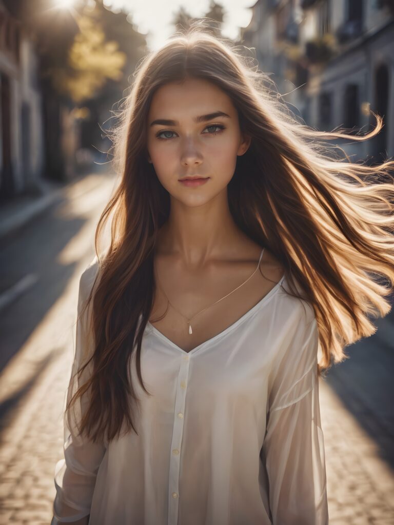 a cute teen girl, long straight hair blowing in the wind, perfect shadows and contrasts support the image