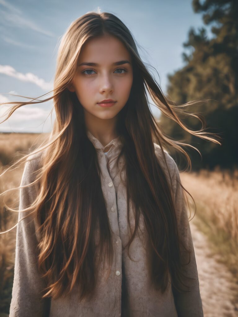 a cute teen girl, long straight hair blowing in the wind, perfect shadows and contrasts support the image
