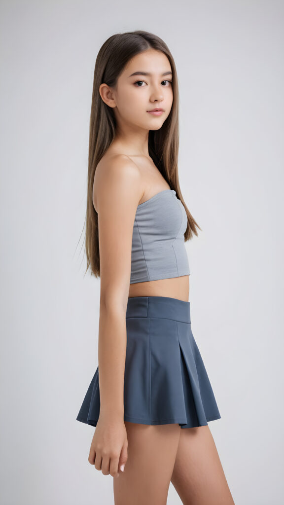 a cute (((teenage girl))) aged 14, dressed in (((short grey tube top))), round short blue mini skirt, with luxuriously long, straight hair, posed elegantly against a pristine (((white backdrop))) ((side view))