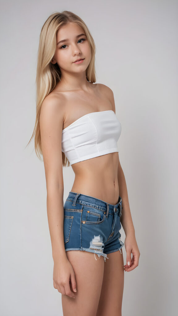 a cute (((teenage girl))) aged 15, dressed in a sleek mix of tightly-revealing (((tube top, thong))), paired with shorts and distressed denim jeans, with luxuriously long, straight blonde hair, posed elegantly against a pristine (((white backdrop)))