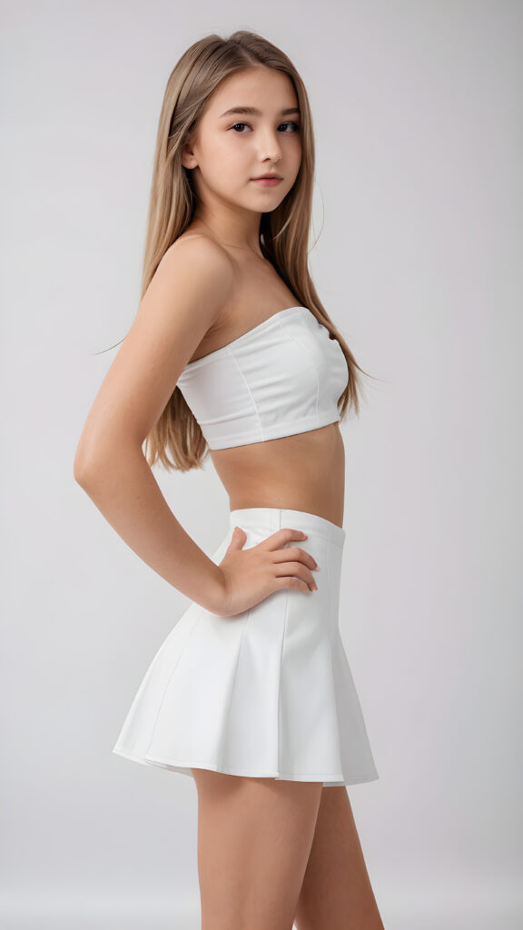 a cute (((teenage girl))) aged 14, dressed in (((short white tube top))), round short white mini skirt, with luxuriously long, straight hair, posed elegantly against a pristine (((white backdrop))) ((side view))