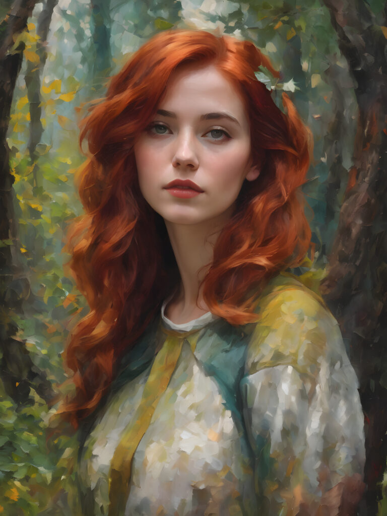 a cute young witch babe with red hair posed in a enchanted forest