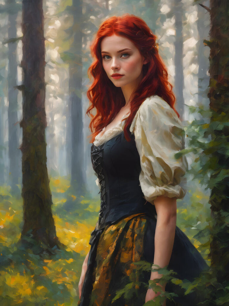 a cute young witch babe with red hair posed in a enchanted forest