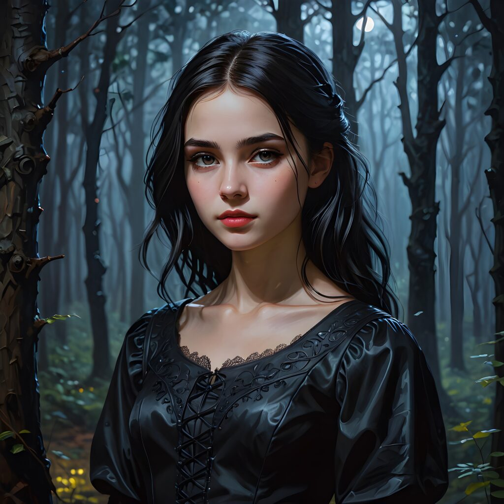 a dark thin dressed gothic teen girl at night in a mysterious forest. Weak moonlight light falls into the picture. Perfect shadows and contrasts support the image. ((detailed photo))