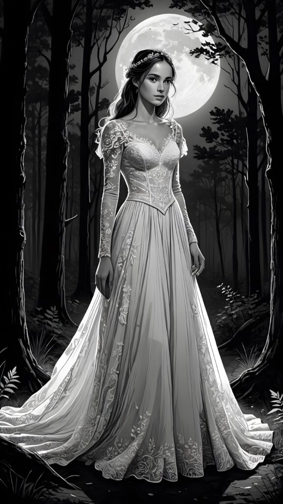 a dark thin dressed teen bride at night in a mysterious forest. Weak moonlight light falls into the picture. Perfect shadows and contrasts support the image. ((detailed))