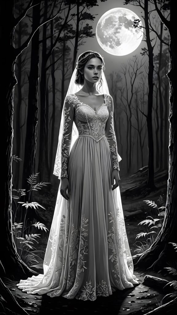 a dark thin dressed teen bride at night in a mysterious forest. Weak moonlight light falls into the picture. Perfect shadows and contrasts support the image. ((detailed))
