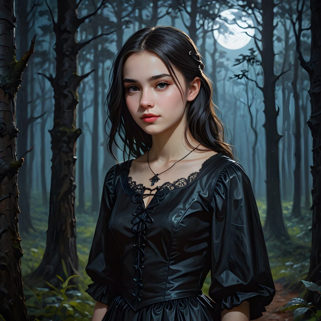a dark thin dressed gothic teen girl at night in a mysterious forest. Weak moonlight light falls into the picture. Perfect shadows and contrasts support the image. ((detailed photo))
