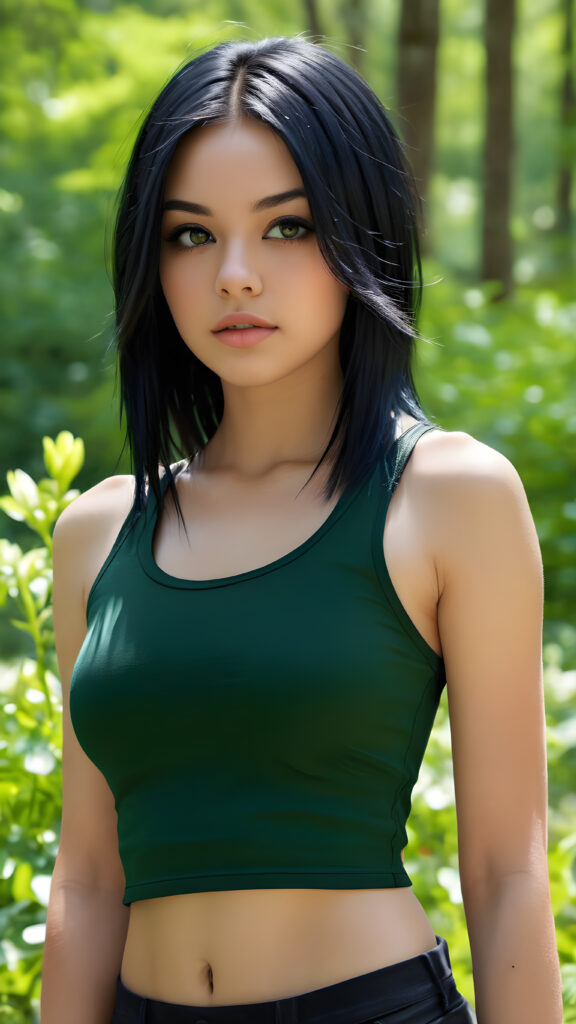 a (((detailed and realistic photograph))), featuring a teenage emo girl with long, sleek straight obsidian very soft black hair and a perfectly toned body, full lips, wearing a thin short ((crop tank top)), captured in a (((stunningly gorgeous))) expression against a backdrop of natural (((green spring in forest)))