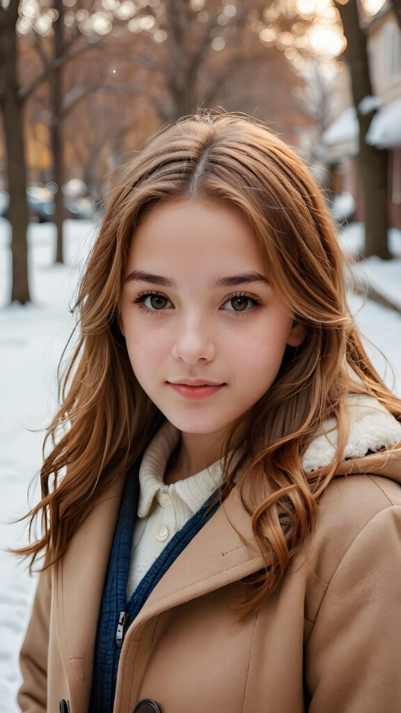 a (((detailed and realistic portrait))) featuring a (((beautifully teenage girl))) with long, flowing (caramel-toned) hair, an angelic face framed by (brown eyes), who looks directly into the viewer's camera, her form exquisitely proportioned and clad in a (winter coat)