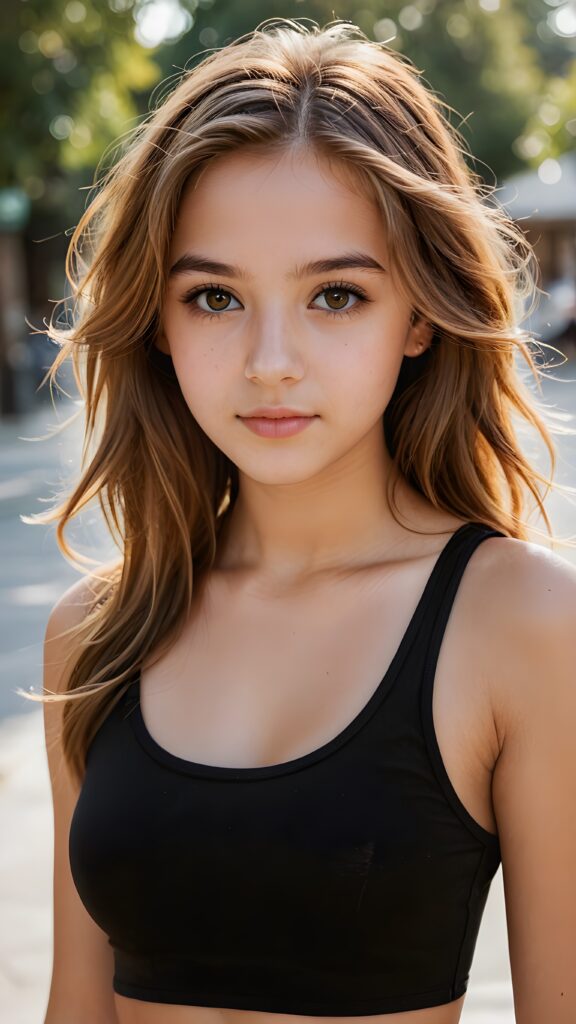 a (((detailed and realistic portrait))) featuring a (((beautifully teenage girl))) with long, flowing (caramel-toned) hair, an angelic face framed by (brown eyes), who looks directly into the viewer's camera, her form exquisitely proportioned and clad in a (super short, sleek black crop tank top)
