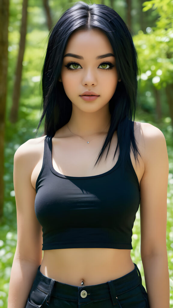 a (((detailed and realistic photograph))), featuring a teenage emo girl with long, sleek straight obsidian very soft black hair and a perfectly toned body, full lips, wearing a thin short ((crop tank top)), captured in a (((stunningly gorgeous))) expression against a backdrop of natural (((green spring in forest)))