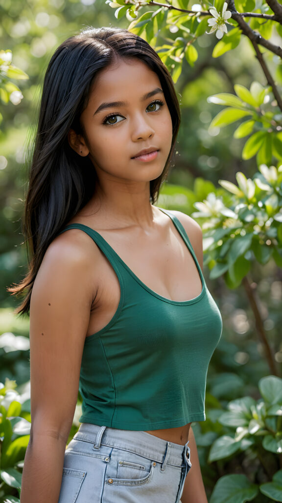 a (((detailed and realistic photograph))), featuring a brown skinned teenage girl with long, sleek straight black hair and a perfectly toned body, wearing a thin short crop ((grey tank top)), captured in a (((stunningly gorgeous))) expression against a dimly lit backdrop of natural (((green spring)))