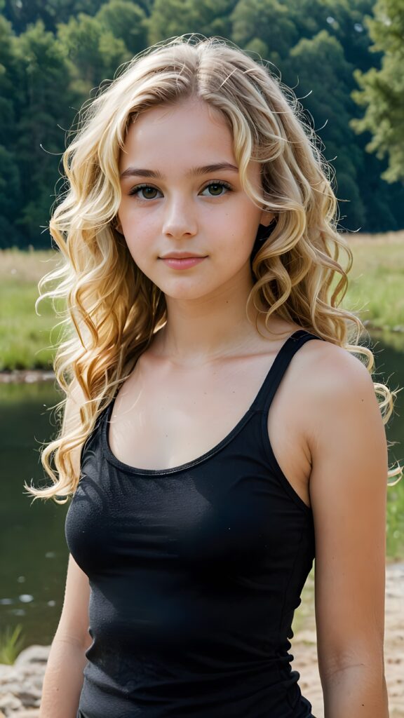 a (((detailed and realistic portrait))), featuring a gently drawn (((natural beautiful teen girl))) with long, (((semi-curly, soft blonde hair))), wearing a sleek, ((black tight tank top)), set against a backdrop of a serene, naturally occurring landscape with its perfect contours mirroring the girl's form
