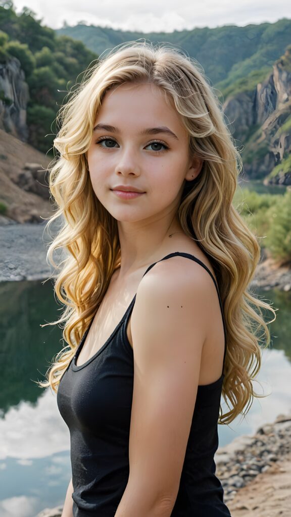 a (((detailed and realistic portrait))), featuring a gently drawn (((natural beautiful teen girl))) with long, (((semi-curly, soft blonde hair))), wearing a sleek, ((black tight tank top)), set against a backdrop of a serene, naturally occurring landscape with its perfect contours mirroring the girl's form