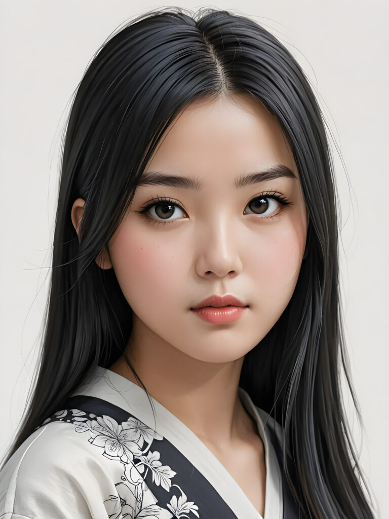 a detailed and realistic picture of a teen girl, traditional Japanese drawing style, she has long straight deep black hair, full lips, round face