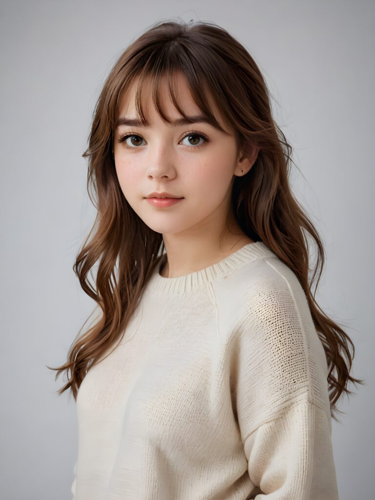 a detailed and realistic photo, a breathtakingly realistic (((portrait))), capturing the essence of a youthful teen girl with a flawlessly proportioned upper body, long, straight soft mahogany brown hair, bangs cut, aged 15, wears a thin wool sweater, posed confidently before the viewer, ((a white canvas as a background)), ((side view))