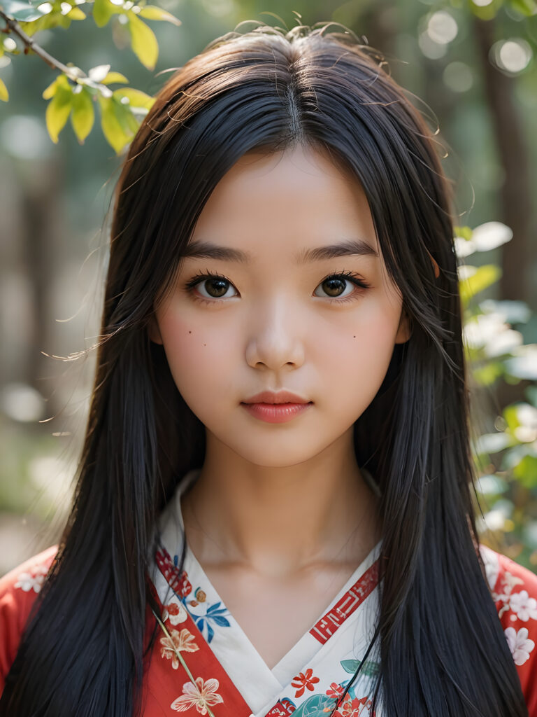 a detailed and realistic picture of a teen girl, traditional Chinese drawing style, she has long straight deep black hair, full lips, round face