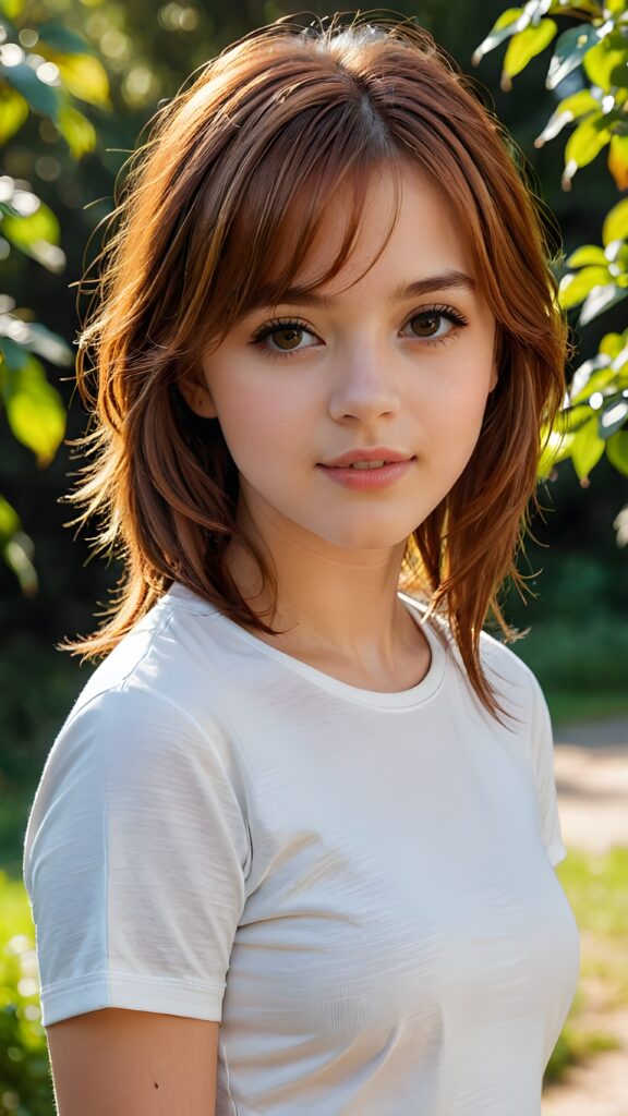 a detailed and realistic upper-body portrait from a teen model girl, 15 years old, against a natural backdrop, detailed soft auburn-red hair, her hair falls over her shoulders and reaches down to her waist, styled bangs, white short crop tight t-shirt, perfect curved body, ultra realistic round face, realistic amber eyes, kissable lips, she has opened her mouth slightly and looks seductively at the viewer, a photo with beautiful saturation, ultra high resolution, deep shadow, (best quality, masterpiece), break depth of field, film grain, ((full body view)) ((cute)) ((stunning))