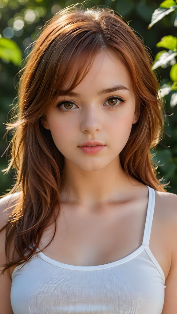 a detailed and realistic upper-body portrait from a teen model girl, 15 years old, against a natural backdrop, detailed soft auburn-red hair, her hair falls over her shoulders and reaches down to her waist, styled bangs, white short crop tight t-shirt, perfect curved body, ultra realistic round face, realistic amber eyes, kissable lips, she has opened her mouth slightly and looks seductively at the viewer, a photo with beautiful saturation, ultra high resolution, deep shadow, (best quality, masterpiece), break depth of field, film grain, ((full body view)) ((cute)) ((stunning))