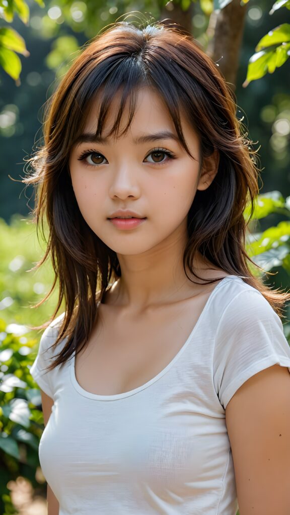 a detailed and realistic upper-body portrait from a Asian teen model girl, 15 years old, against a natural backdrop, detailed soft hair, her hair falls over her shoulders and reaches down to her waist, styled bangs, white short crop tight t-shirt, perfect curved body, ultra realistic round face, realistic amber eyes, kissable lips, she has opened her mouth slightly and looks seductively at the viewer, a photo with beautiful saturation, ultra high resolution, deep shadow, (best quality, masterpiece), break depth of field, film grain, ((full body view)) ((cute)) ((stunning))