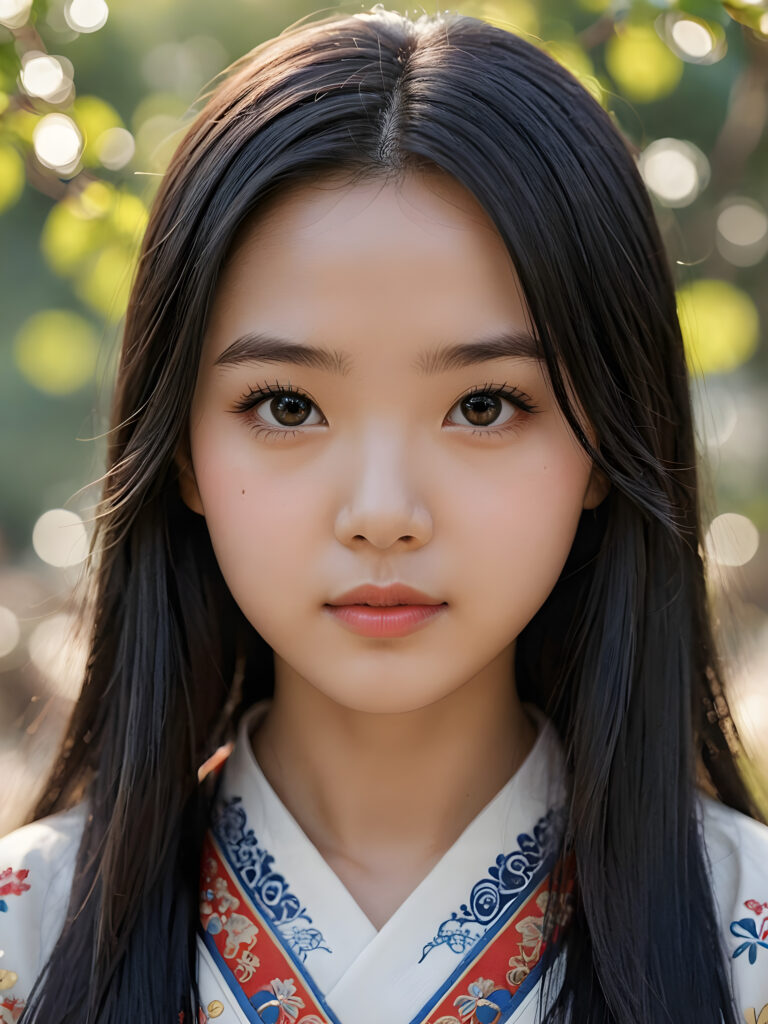 a detailed and realistic picture of a teen girl, traditional Chinese drawing style, she has long straight deep black hair, full lips, round face