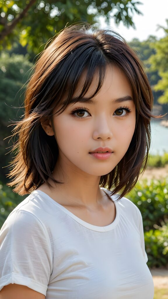 a detailed and realistic upper-body portrait from a Asian teen model girl, 15 years old, against a natural backdrop, detailed soft hair, her hair falls over her shoulders and reaches down to her waist, styled bangs, white short crop tight t-shirt, perfect curved body, ultra realistic round face, realistic amber eyes, kissable lips, she has opened her mouth slightly and looks seductively at the viewer, a photo with beautiful saturation, ultra high resolution, deep shadow, (best quality, masterpiece), break depth of field, film grain, ((full body view)) ((cute)) ((stunning))