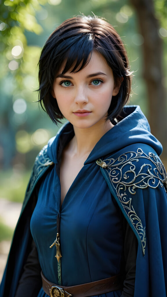 a detailed and realistic picture of: a young sorceress in a blue, tight cloak. She has black, short hair. The picture is very detailed with realistic shadows and soft light. She has a girlish, round face with light green eyes.
