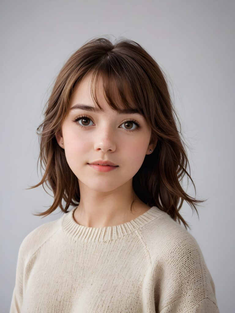 a detailed and realistic photo, a breathtakingly realistic (((portrait))), capturing the essence of a youthful teen girl with a flawlessly proportioned upper body, long, straight soft mahogany brown hair, bangs cut, aged 15, wears a thin wool sweater, posed confidently before the viewer, ((a white canvas as a background)), ((side view))
