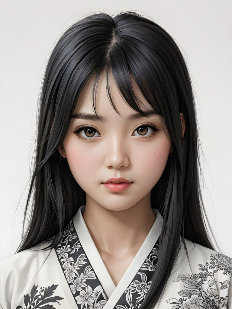 a detailed and realistic picture of a teen girl, traditional Japanese drawing style, she has long straight deep black hair, full lips, round face
