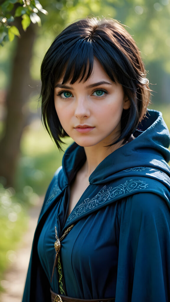 a detailed and realistic picture of: a young sorceress in a blue, tight cloak. She has black, short hair. The picture is very detailed with realistic shadows and soft light. She has a girlish, round face with light green eyes.