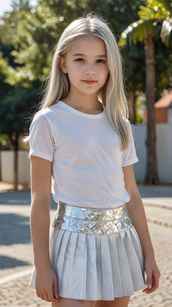 a detailed pencil drawing, silvery-skinned (((young teen girl, 12 years old))), long straight platinum hair, ((short white shirt)), ((round short mini skirt))