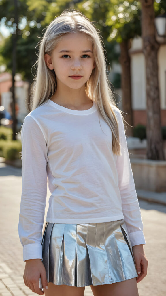 a detailed pencil drawing, silvery-skinned (((young teen girl, 12 years old))), long straight platinum hair, ((short white shirt)), ((round short mini skirt))