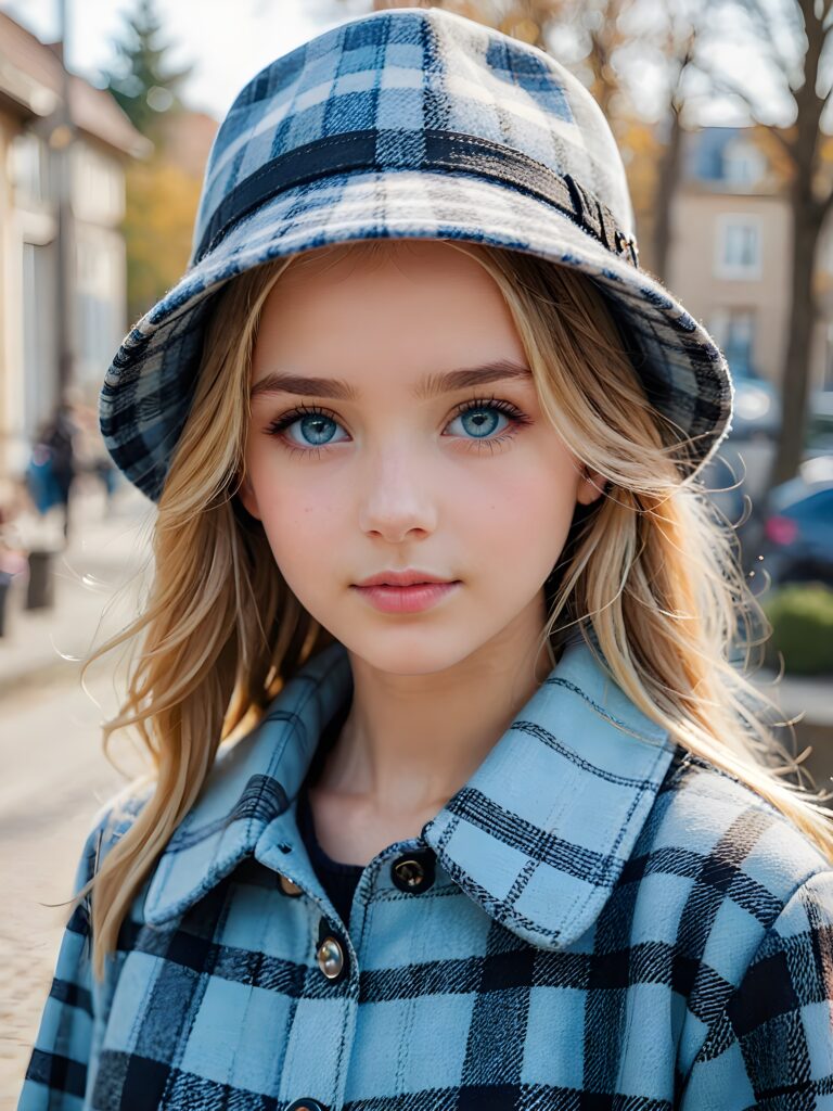 a detailed perfect portrait with pastel colors, young girl, 13 years old, she wears a hat, a ((coat)), she look at the viewer, detailed shiny straight soft long blond hair, ((light blue eyes)), full lips, round detailed face ((cute)), ((gorgeous))