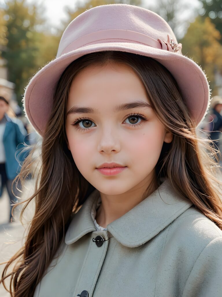 a detailed perfect portrait with pastel colors, young girl, 13 years old, she wears a hat, a ((coat)), she look at the viewer, detailed shiny straight soft long hair, full lips, round detailed face ((cute)), ((gorgeous))