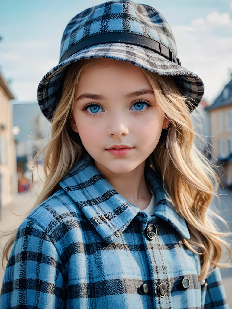 a detailed perfect portrait with pastel colors, young girl, 13 years old, she wears a hat, a ((coat)), she look at the viewer, detailed shiny straight soft long blond hair, ((light blue eyes)), full lips, round detailed face ((cute)), ((gorgeous))