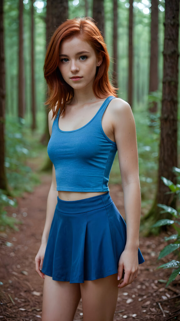 a ((detailed photo)) full body, young, pretty teen girl. Faint light falls on her face, the dim light creates a mysterious ambience. She has red hair and is short thin dressed in blue, blue short tank top, round blue mini skirt, she has a seductive look, in a forest at night