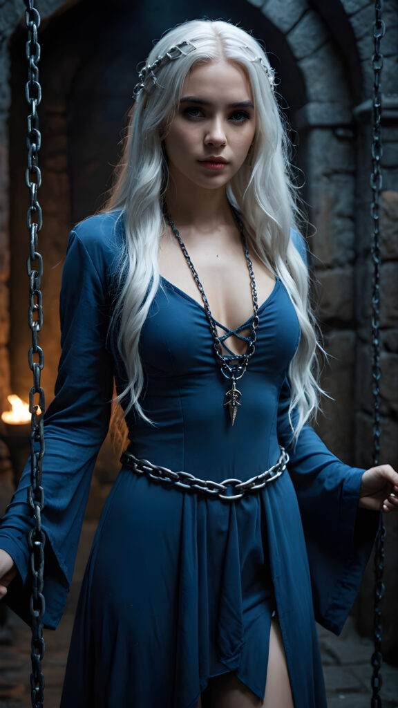 ((detailed photo)) full body, a young, pretty sorceress is trapped in a dark dungeon. She is tied to heavy chains and looks sadly at the viewer. Faint light falls on her face. She has long white hair and is dressed in blue.
