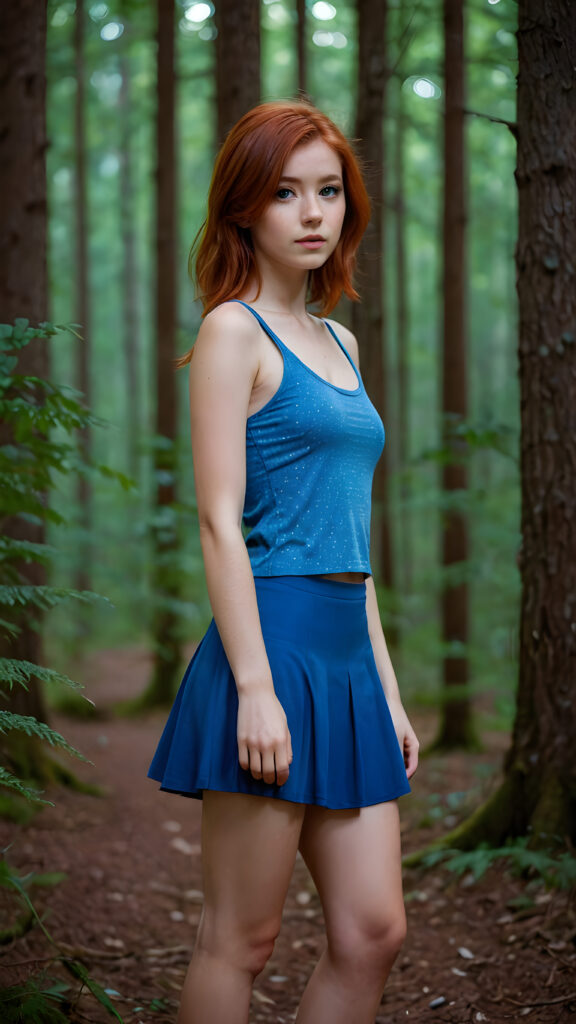 a ((detailed photo)) full body, young, pretty teen girl. Faint light falls on her face, the dim light creates a mysterious ambience. She has red hair and is short thin dressed in blue, blue short tank top, round blue mini skirt, she has a seductive look, in a forest at night